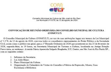 CONVOCAÇÃO DE REUNIÃO ORDINÁRIA DO CONSELHO MUNICIPAL DE CULTURA (COMCULT)