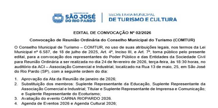 Convocação de Reunião Ordinária do Conselho Municipal do Turismo (COMTUR)
