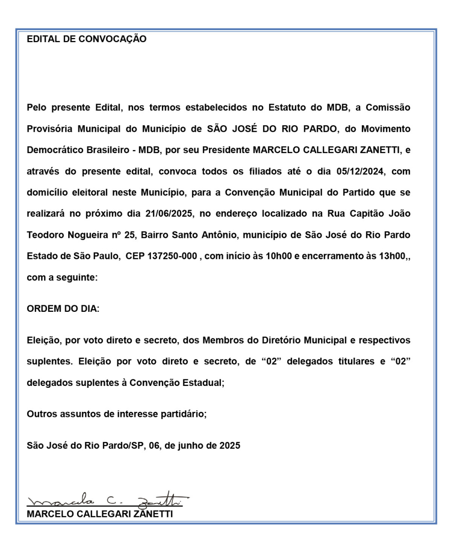 EDITAL DE CONVOCAÇÃO PARA ASSEMBLEIA GERAL DO MDB
