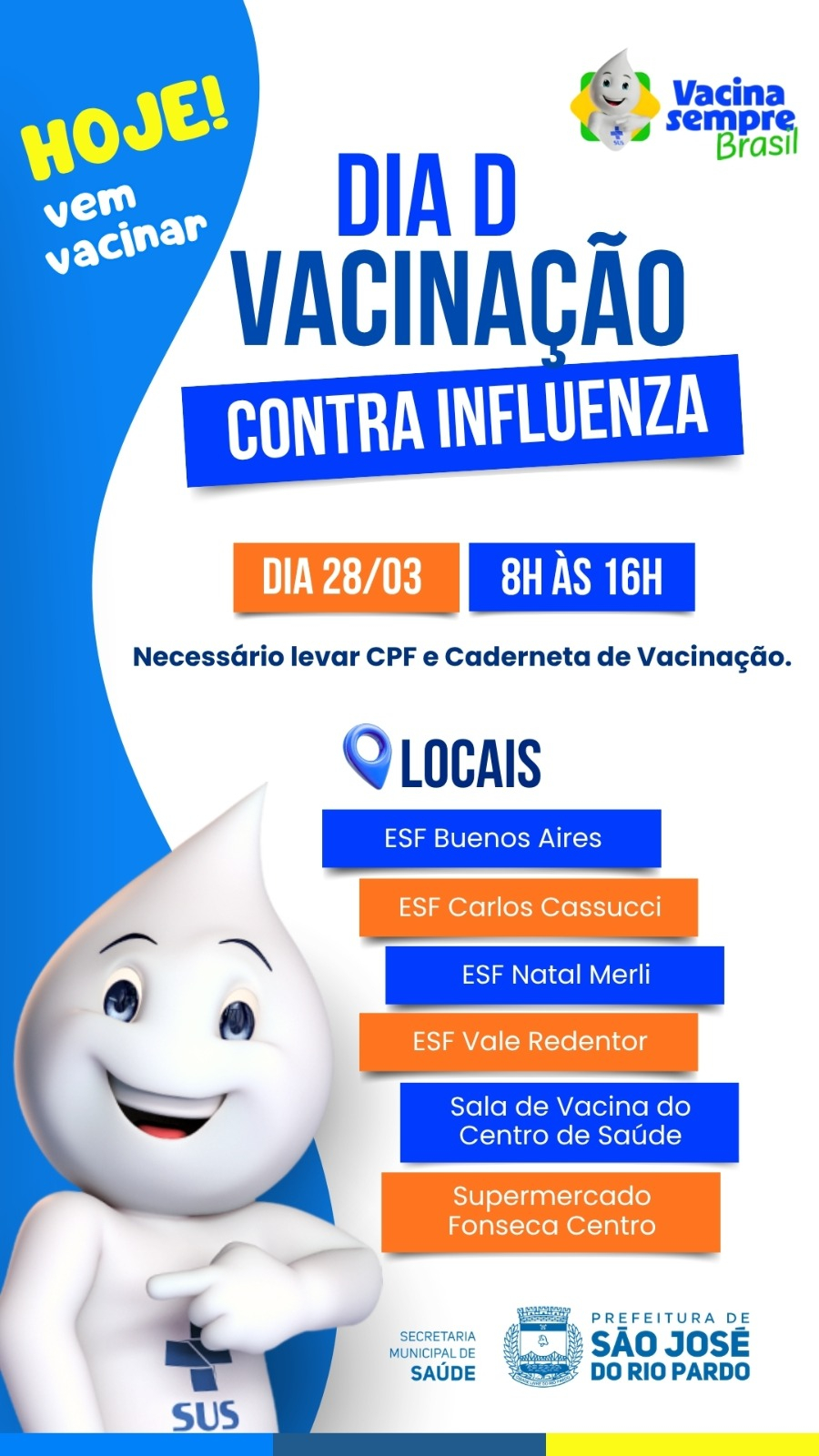 Dia D da Vacinação contra Influenza acontece neste sábado em São José do Rio Pardo