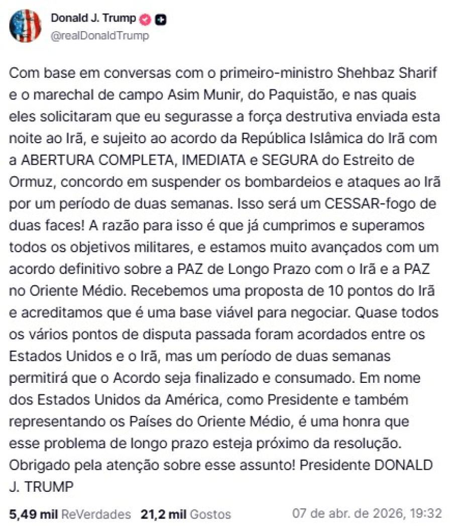 Trump anuncia trégua de duas semanas com o Irã após ameaça de escalada militar