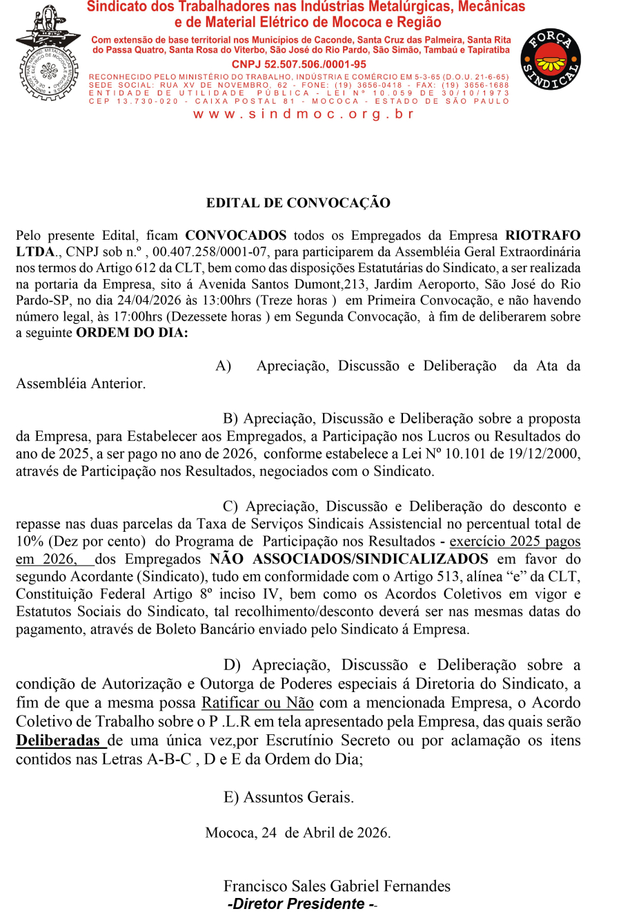 EDITAL DE CONVOCAÇÃO: Empregados da Empresa RIOTRAFO LTDA