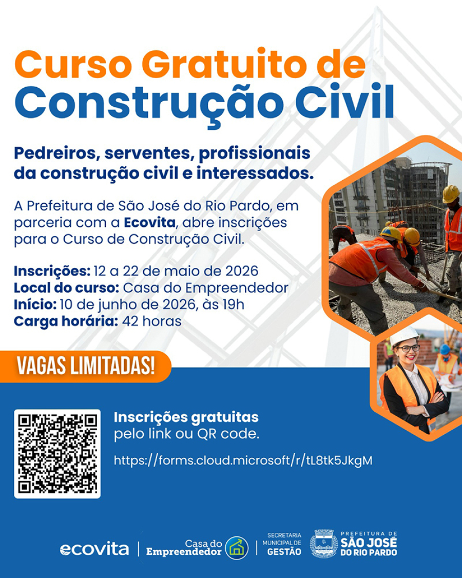 Prefeitura abre inscrições para curso gratuito de Construção Civil em São José do Rio Pardo