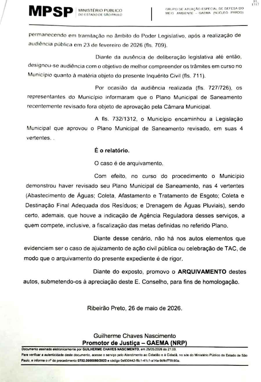 Ministério Público arquiva inquérito e reconhece regularidade do plano de saneamento de São José
