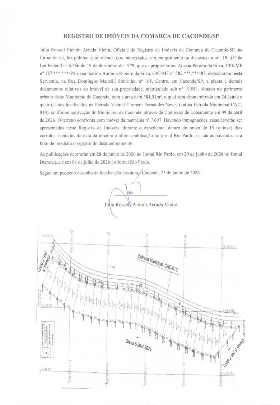 EDITAL DE DESMEMBRAMENTO DE ÁREA