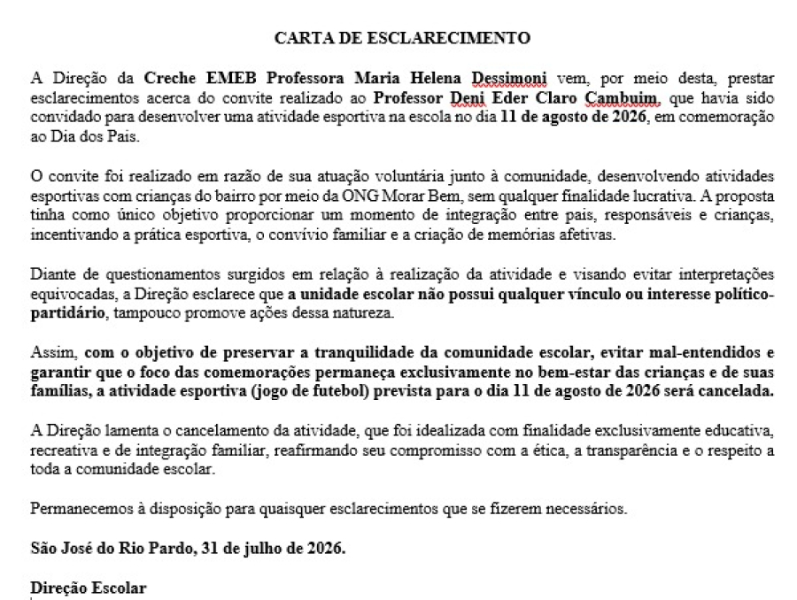 Creche cancela evento após questionamento sobre parceria com ONG ligada à família de vereador