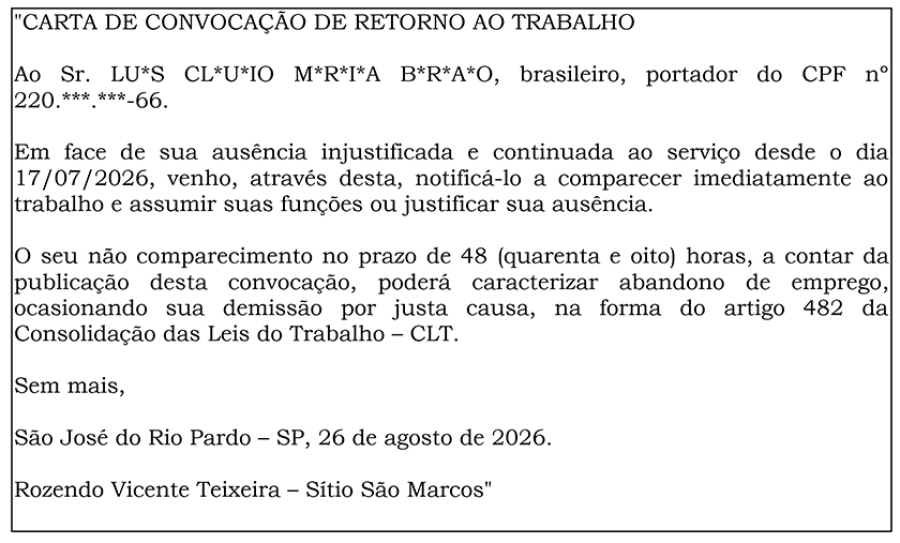 CARTA DE CONVOCAÇÃO DE RETORNO AO TRABALHO